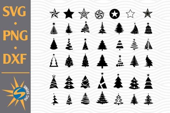 Christmas tree vector designs collection with 42 different black tree silhouettes and star shapes for crafting
