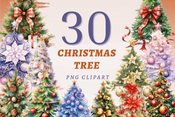 Christmas Tree PNG Designs for Sublimation featuring 30 colorful decorated Christmas trees with bows and ornaments