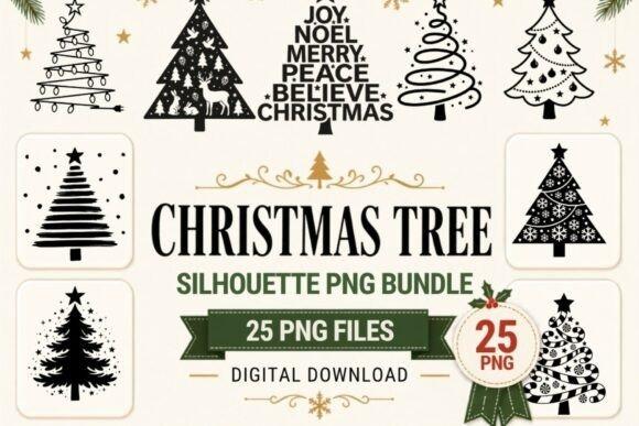 Christmas Tree PNG Designs for Sublimation featuring 25 black and white silhouette tree shapes in various styles