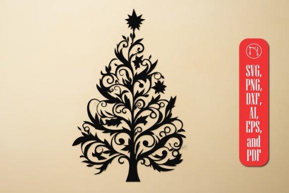 Black ornate Christmas tree vector design with swirls and star on top for Cricut decals — Christmas tree vector designs
