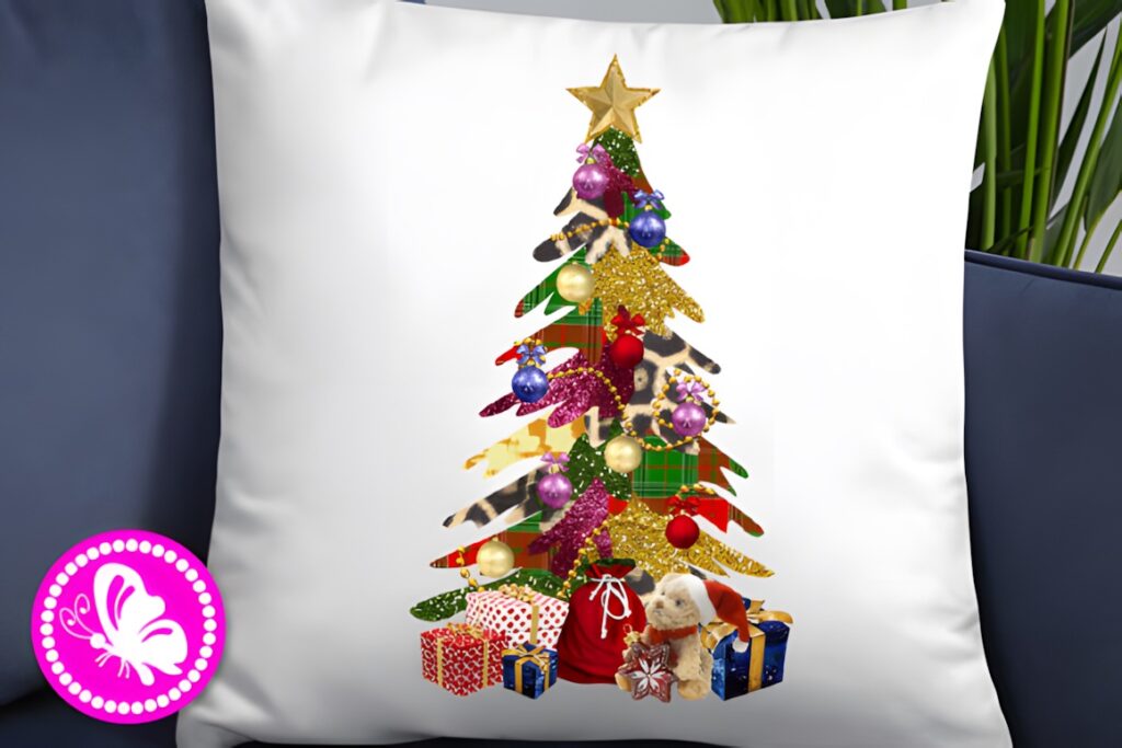 Xmas PNG Designs showing a decorated Christmas tree with ornaments and gifts on a white pillow