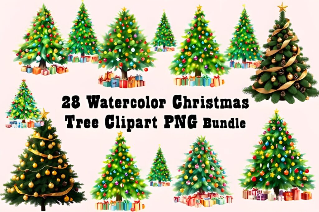 Christmas Elements PNG featuring 28 watercolor Christmas tree clipart designs with decorations and gifts