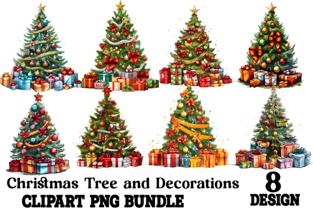 Christmas decorations PNG featuring eight decorated Christmas trees with presents in various styles