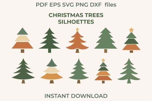 Christmas tree vector designs featuring ten retro-inspired silhouette shapes in green, brown, and orange tones