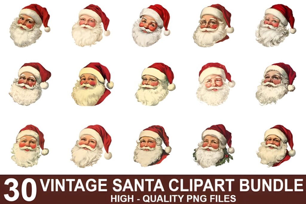 Set of 15 vintage Santa Claus clipart faces with red hats and white beards in various expressions