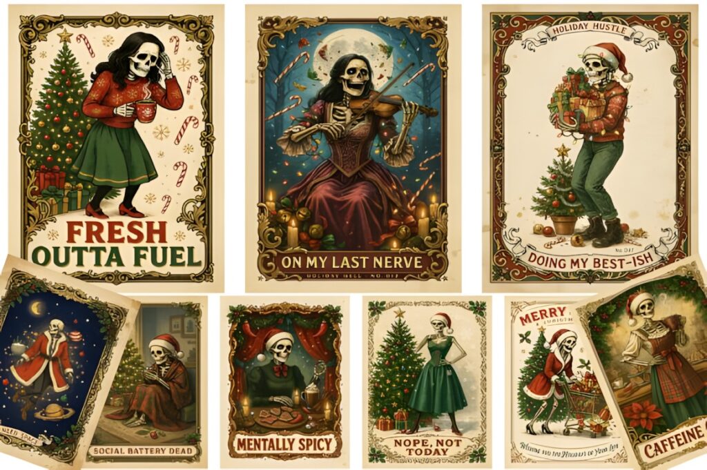 Christmas clip art featuring vintage skeleton characters with Santa hats, candy canes, and festive holiday scenes