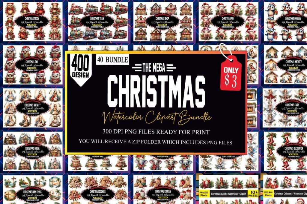Christmas clipart watercolor mega bundle with 400 designs including candles, cottages, gnomes, animals, and festive elements