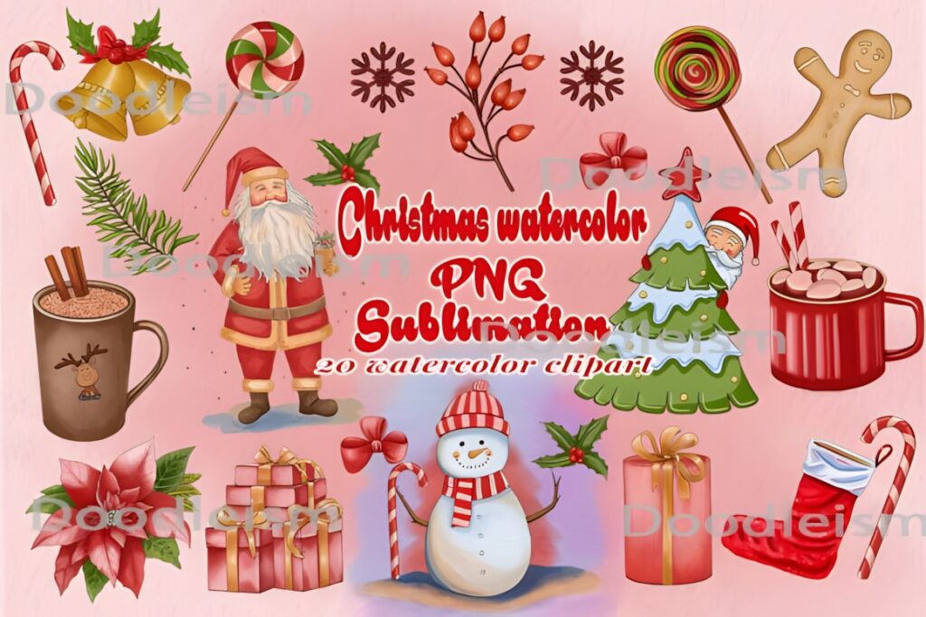 Christmas Elements PNG including Santa, snowman, Christmas tree, gifts, candy canes, and holiday decorations in watercolor