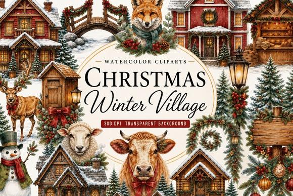 Christmas clipart featuring a winter village scene with cabins, pine trees, animals, and festive decorations in watercolor