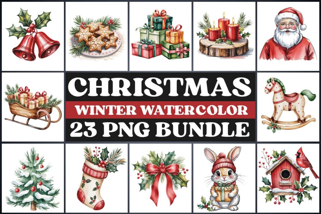 Christmas clip art featuring rustic red-and-green watercolor illustrations including holly, gifts, candles, Santa, sleigh