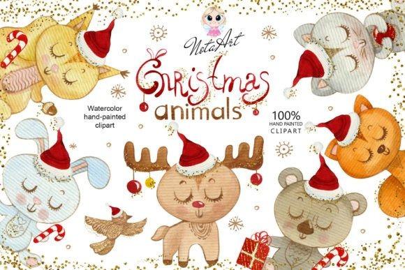 Watercolor Christmas clipart featuring hand-painted cute animals wearing Santa hats with winter and holiday elements