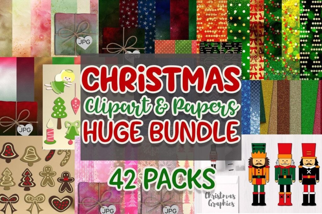Christmas clipart and digital papers bundle with 42 packs including festive designs and nutcracker illustrations