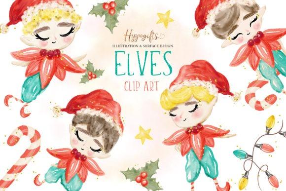 Christmas elf clipart designs in watercolor style with elves wearing red hats and green outfits surrounded by holly, stars