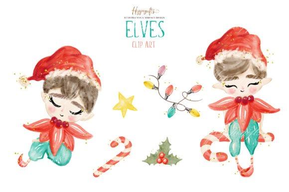 Watercolor Christmas elf clipart designs with two elves, candy canes, holly, star, and colorful lights