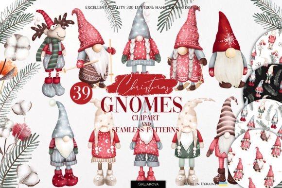 Christmas gnomes clipart with deer, winter florals, trees, and seamless patterns for holiday crafts — Christmas clipart