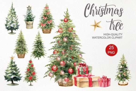 Christmas Tree PNG Designs for Sublimation featuring watercolor clipart of decorated and plain Christmas trees with gifts