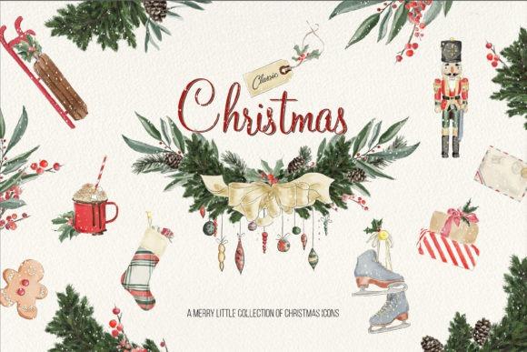 Classic Christmas watercolor clipart with holiday icons like wreath, nutcracker, ice skates, and festive — Christmas clipart