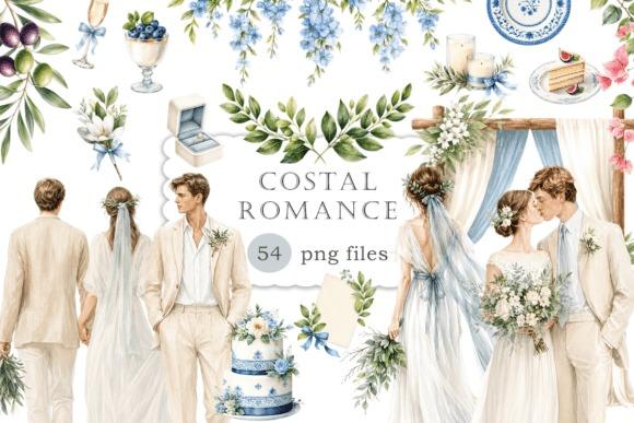 Coastal romance wedding clipart featuring couples, floral arrangements, cake, and seaside-themed elements in soft colors