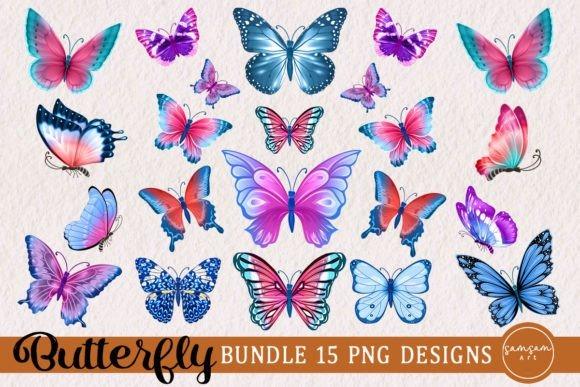 Colorful butterfly clipart set with 15 bright PNG designs for printing and sublimation projects