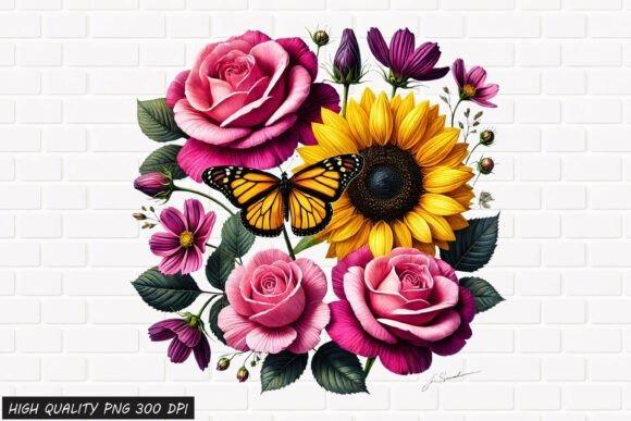Butterfly clipart for sticker with colorful butterfly, pink roses, sunflower, and floral accents
