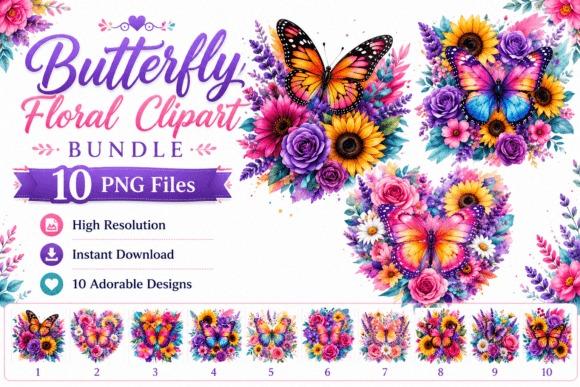 Butterfly clipart featuring colorful butterflies surrounded by vibrant floral arrangements in various heart and bouquet