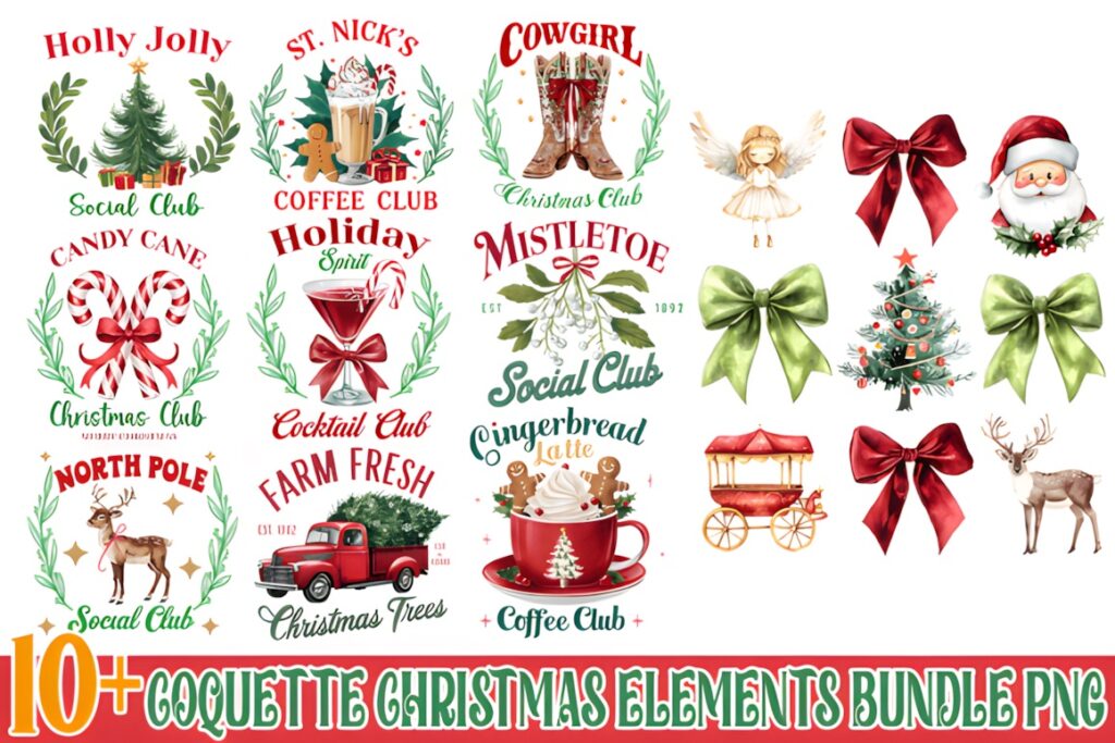 Coquette Christmas Elements PNG bundle with bows, holiday icons, and festive designs for sublimation projects