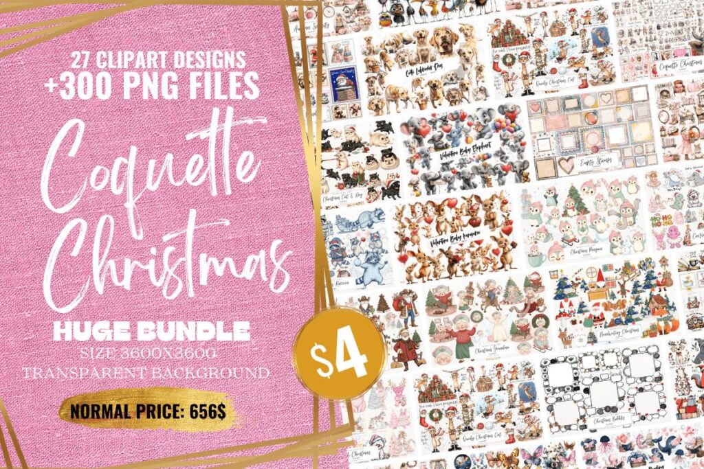 Christmas clipart sets featuring 27 themed designs and over 300 transparent PNG images with feminine and cozy seasonal