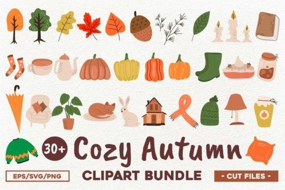 Fall Clipart collection with cozy autumn icons including leaves, pumpkins, acorns, and seasonal items in multiple formats