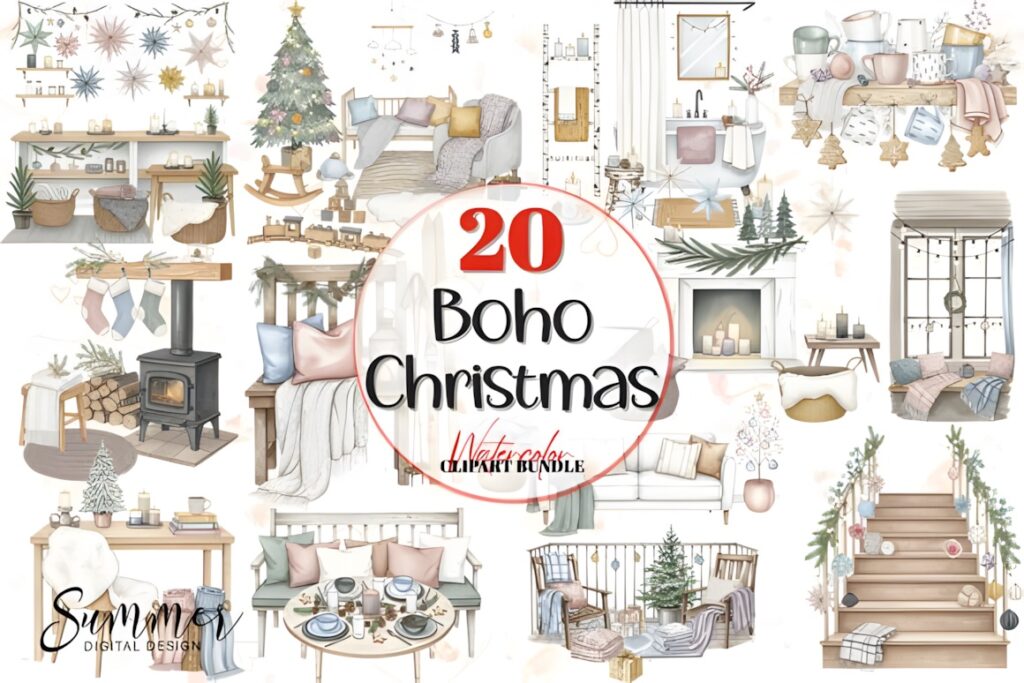 Christmas Elements PNG featuring cozy boho holiday interior scenes with decorated trees, armchairs, and warm decor