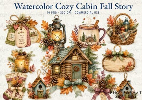 Cozy cabin fall clipart featuring rustic cabin, lantern, mug, basket, and autumn leaves in PNG format