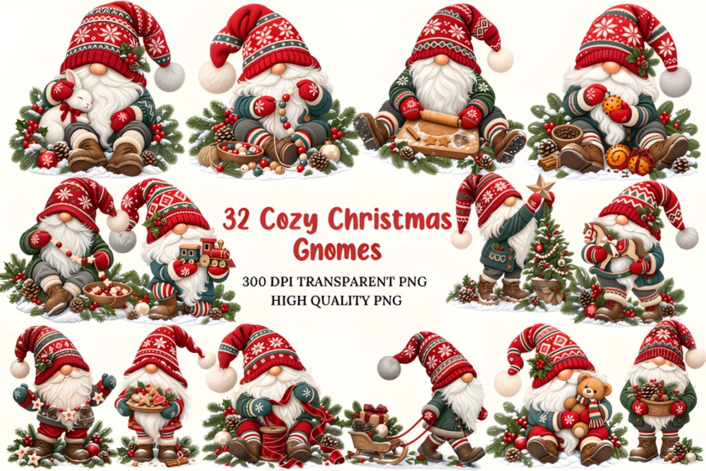 Cozy Christmas gnomes PNG clipart bundle with festive hats, decorations, and holiday elements — Christmas decorations PNG