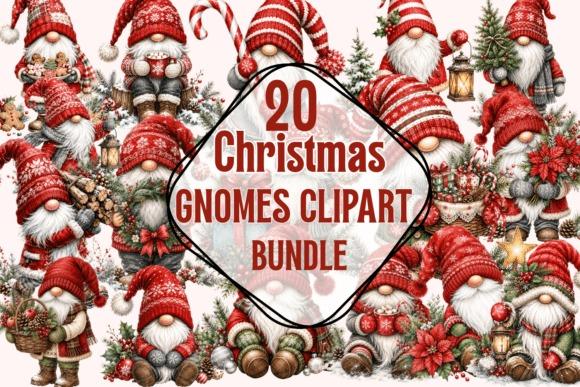 Christmas Clipart featuring 20 cozy gnomes in red hats with holiday decorations and gifts