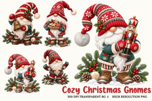Christmas clipart featuring cozy gnomes in red hats with festive decorations and a nutcracker toy