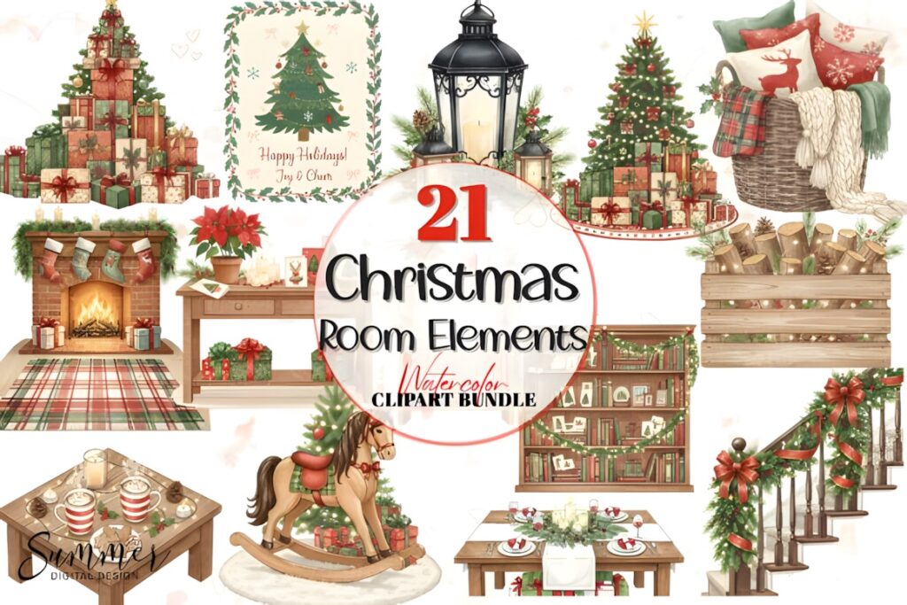 Christmas Elements PNG featuring cozy room decorations like fireplace, presents, tree, rocking horse, lantern, and garlands