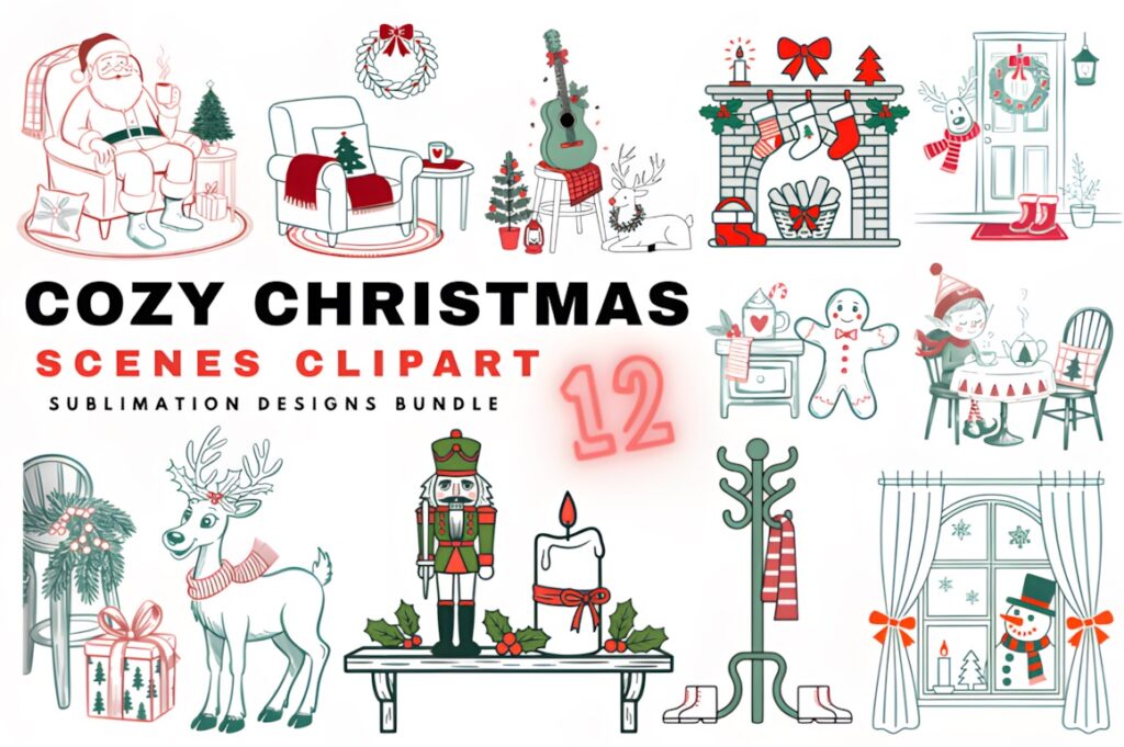 Christmas clip art featuring cozy scenes like Santa, fireplace, reindeer, nutcracker, and holiday decorations