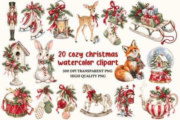 Christmas Clipart featuring cozy watercolor woodland animals, vintage holiday objects, and decorative winter accents