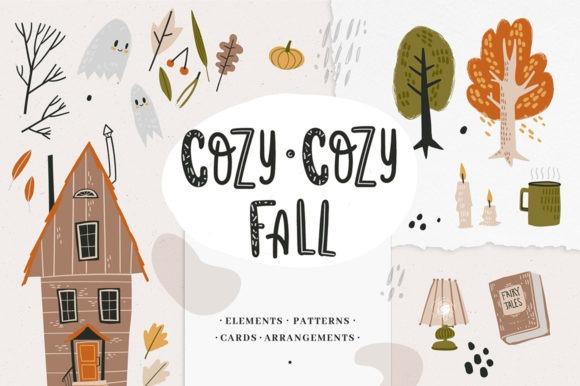 Cozy-cozy Fall Clipart collection with autumn trees, house, candles, mug, and ghost elements for seasonal crafts