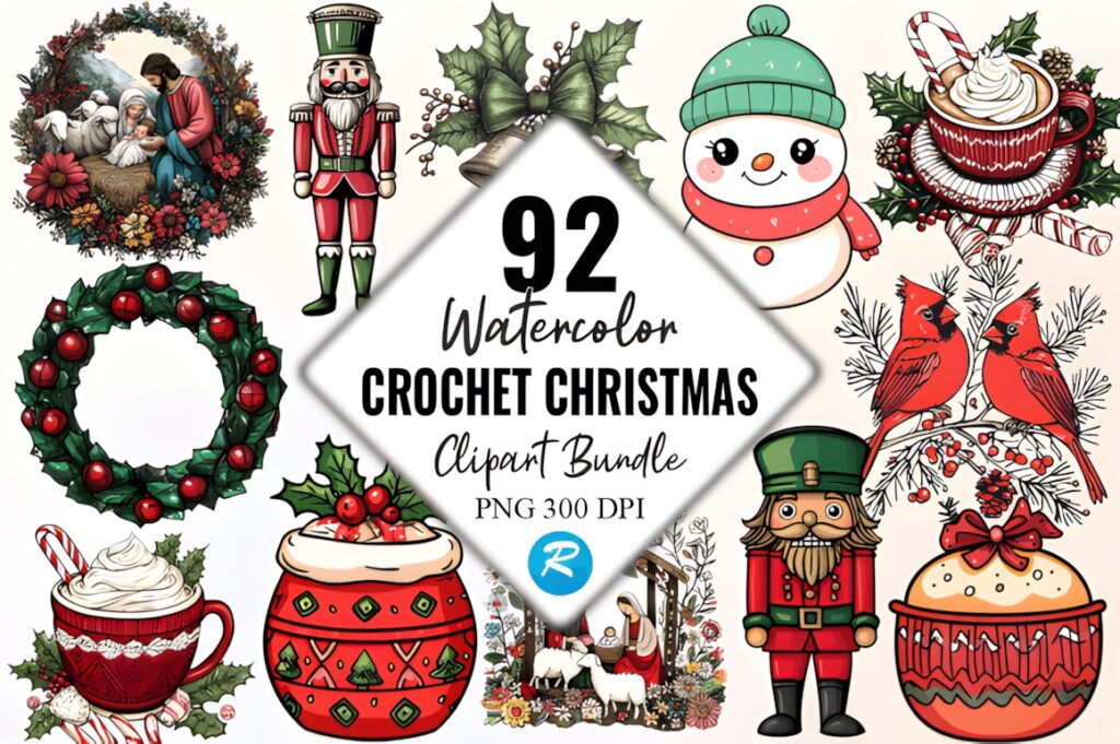 Christmas Elements PNG featuring 92 watercolor crochet Christmas clipart designs including wreaths, nutcrackers, snowman