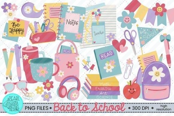 Teacher Clipart Back to School Cute back to school teacher clipart with notebooks, books, scissors, headphones, and school supplies in colorful style
