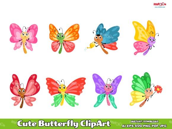 Cute butterfly clipart set with eight colorful cartoon butterflies in various playful poses