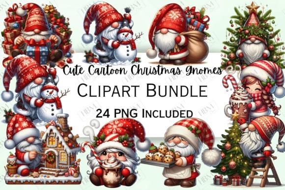 Christmas clip art featuring cute cartoon Christmas gnomes in Santa outfits, winter clothing, and festive scenes
