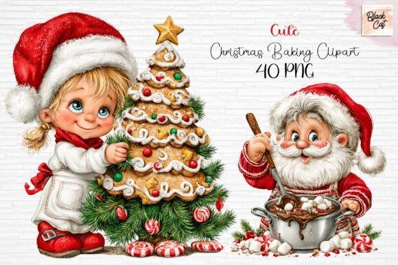 Christmas clipart featuring cute child and Santa baking with gingerbread tree and chocolate pot