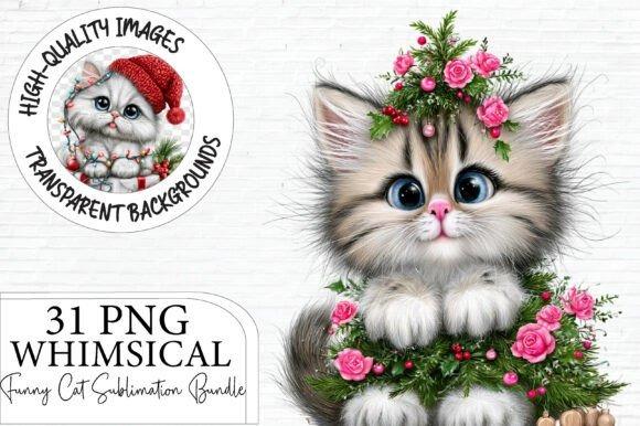 Cute Christmas cat clip art with fluffy kitten wearing festive floral wreath and pink roses — Christmas clip art
