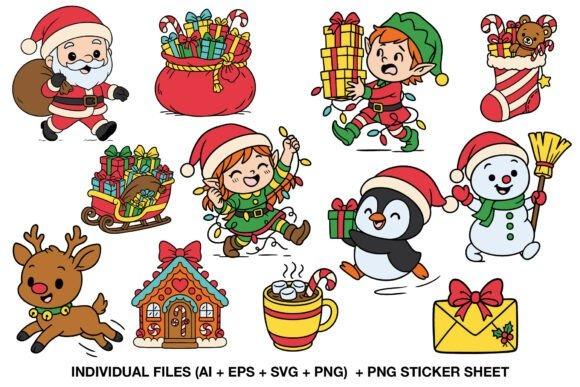 Cute Christmas clipart set with Santa, elves, reindeer, snowman, penguin, gifts, stockings, cocoa, and festive items