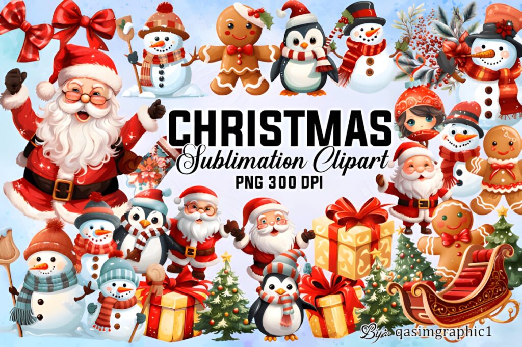 Christmas clip art featuring Santa Claus, snowmen, penguins, gingerbread, gifts, and festive decorations in a cute style
