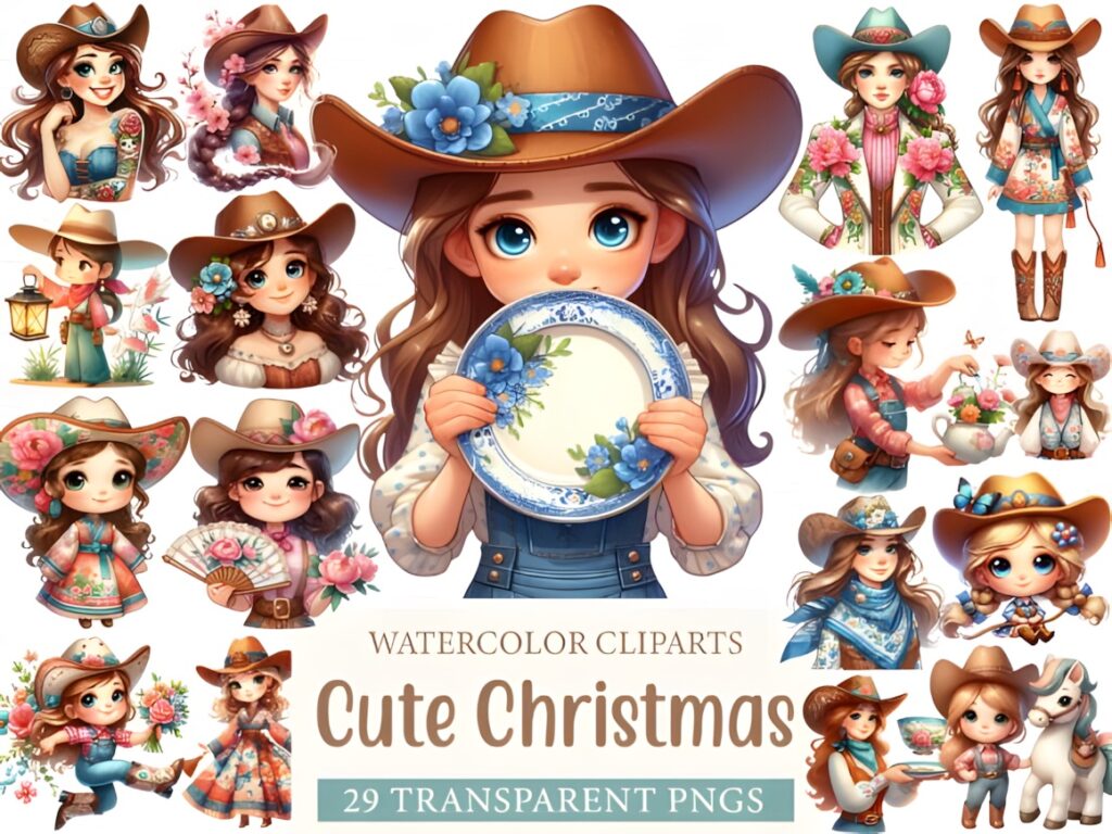 Cute Christmas Elements PNG featuring watercolor clipart of girls in cowboy hats with flowers and festive outfits