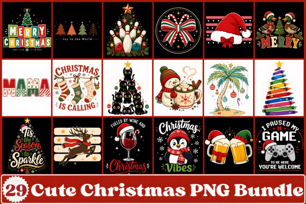 Xmas PNG Designs featuring playful holiday characters, festive elements, and decorative typography with transparent