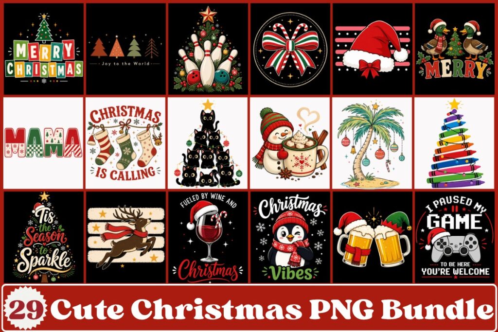 Cute Christmas clipart bundle with Santa, reindeer, snowmen, trees, candy canes, and festive holiday designs
