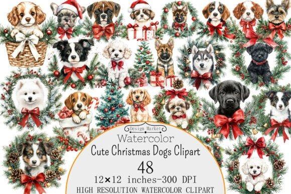 Christmas clipart featuring 48 watercolor cute Christmas dogs with transparent backgrounds and festive decorations