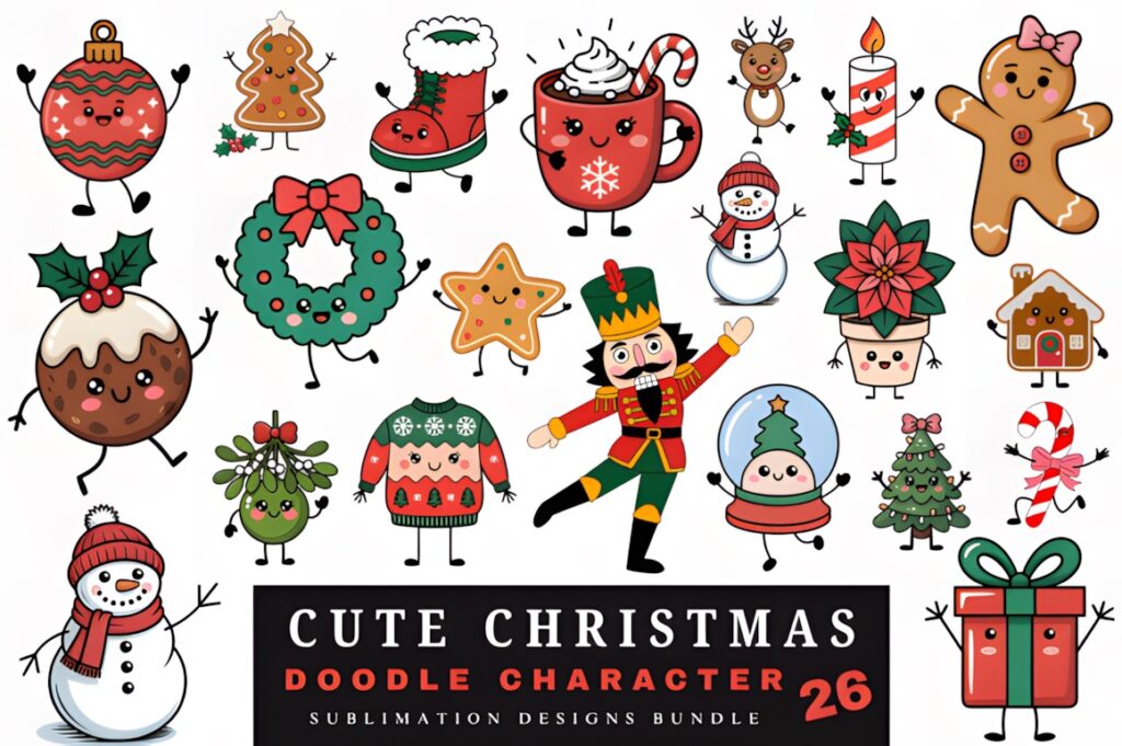 Christmas Elements PNG featuring cute doodle characters like ornaments, wreath, gingerbread, snowman, and gifts